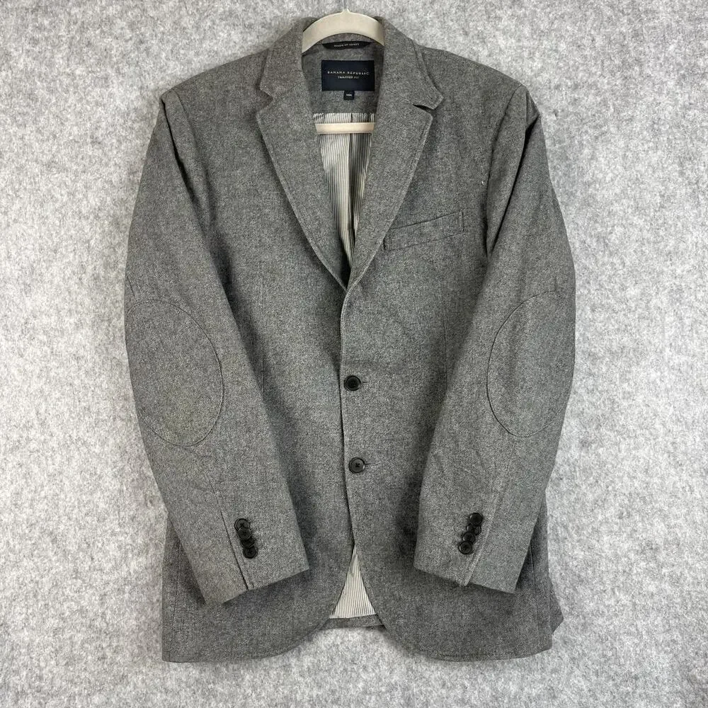 Banana‎ Republic Twill Blazer Mens 38R Gray Tailored Elbow Patch Italian Cotton